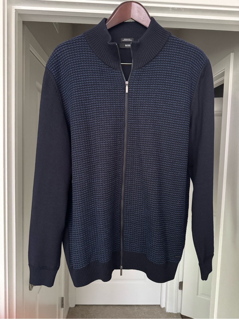 BOSS By Hugo Boss Men's Navy Full-Zip Merino Wool Regular Fit Light Sweater
